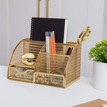 Martha Stewart Ryder Gold Mesh Metal Small Desktop Organizer for Office Accessories, Notebooks, Pen Holder & Drawer HH-OHD05-GLD-MS